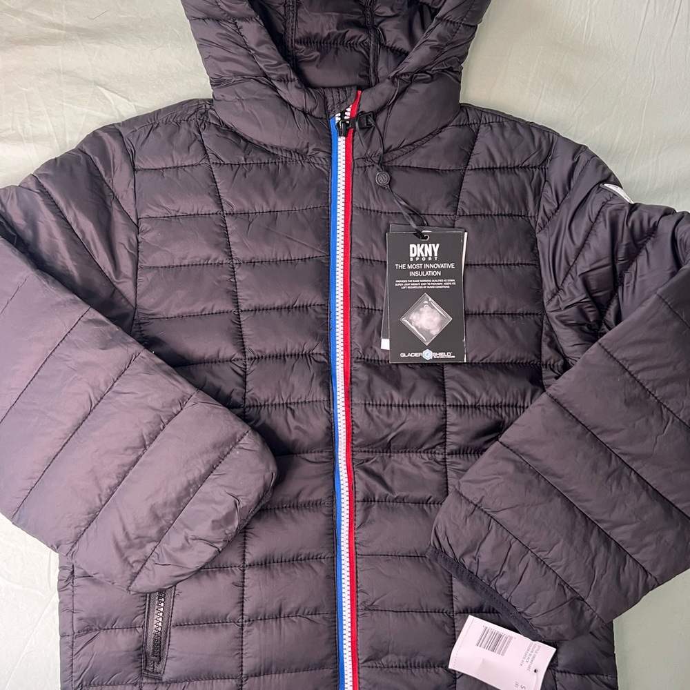 DKNY Kids Puffer Jacket with Red and Blue Accents